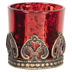 Červený skleněný svícen na čajovou svíčku s kovovým zdobením -Ø  5*5 cm – 5x5 cm