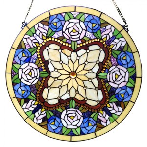 Skleněná kruhová vitráž Tiffany Febe s motivem květin – průměr 60 cm