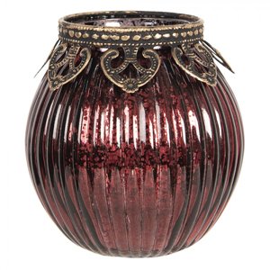 Červený skleněný svícen na čajovou svíčku s kovovým zdobením – 9x9 cm