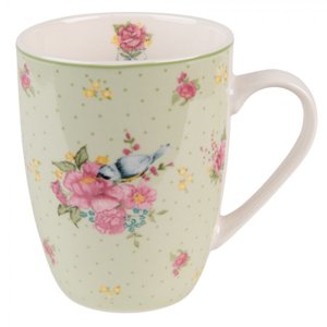 Zelený porcelánový hrnek s květy a ptáčkem Cheerful Birdie – 300 ml