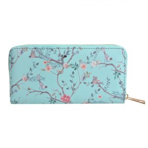 Světle modrá peněženka s květinami a ptáčky – 10x19 cm
