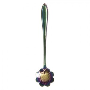 Tyrkysovo-fialová kovová dezertní lžička ve tvaru kytičky Trijntje – 3x12 cm