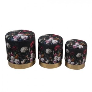 Černé sametové podnožky s motivem barevných květin Flowers – (3) 40x45 /  35x40 /  30x35 cm