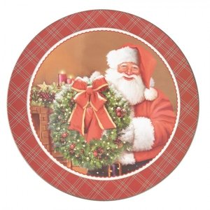 Červený károvaný plastový vánoční kulatý podnos/talíř Santa – 33x1 cm