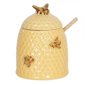 Žlutá keramická dóza na med se lžičkou se včelkami – 11x14 cm