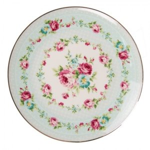 Zelený porcelánový dezertní talíř s květy – 21x2 cm