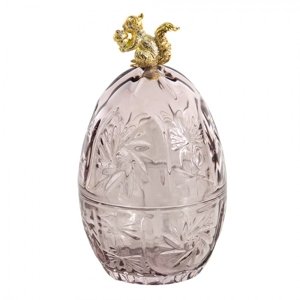 Růžová skleněná dóza ve tvaru vejce se zlatou veverkou – 10x18 cm