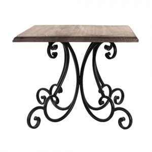 Dekorační dřevěno-kovový stůl na květinu na zdobné kovové noze – 28x28x23 cm