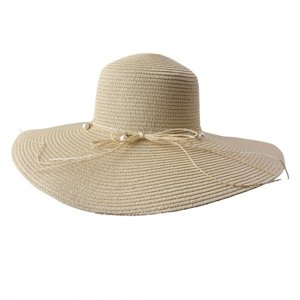 Béžový sluneční dámský klobouk s mašlí z provázků a perličkami – 46x15 cm