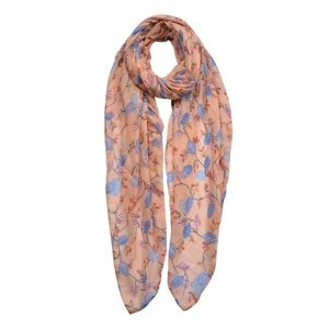 Světle růžovo oranžový šátek s modrými lístky a květy – 80x180 cm