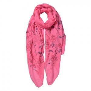 Růžový šátek s tištěnými malovanými růžemi – 70x180 cm