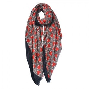 Černo béžový šátek s červenými srdíčky – 80x180 cm