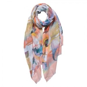 Barevný šátek s květy a lososovým lemem – 70x180 cm