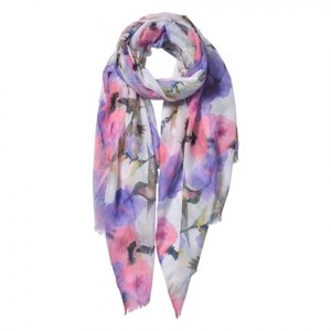 Bílo růžovo fialový šátek s kolibříky – 70x180 cm