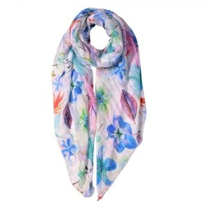 Bílý šátek s barevným potiskem květin a listů – 80x180 cm