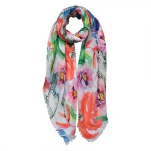 Bílý šátek s barevným potiskem květin – 80x180 cm