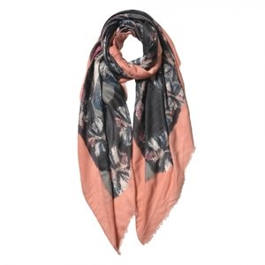 Černý šátek s květy a hnědým lemováním – 85x180 cm