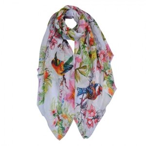 Bílo-barevný šátek s květy a ptáčky Spring – 90x180 cm