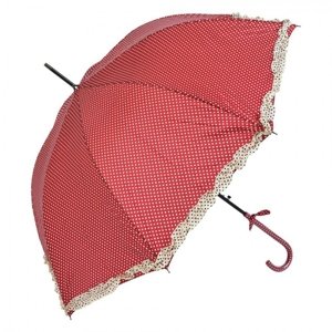 Červený deštník s puntíky a béžovým lemem – 90 cm