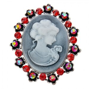 Brož medailonek ženy s červenými a barevnými kamínky – 4x5 cm