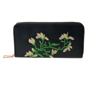 Černá sametová peněženka s vyšívanou květinou – 16x10 cm