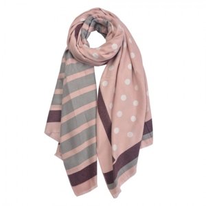 Růžovo hnědo šedý šátek s puntíky a proužky – 65x175 cm