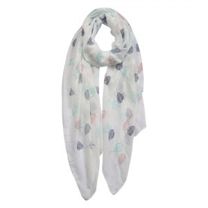 Bílý šátek s barevnými listy – 70x180 cm