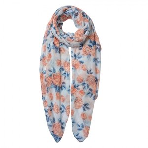 Bílý šátek s oranžovo modrými růžemi – 80x180 cm