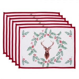 Sada 6 ks látkového stolního prostírání Holly Christmas s jelenem – 48x33 cm