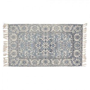 Modro-šedý bavlněný koberec s ornamenty a třásněmi – 140x200 cm