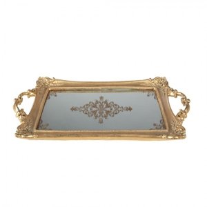 Zlatý antik dekorativní podnos se zrcadlem a ornamenty – 40x20x4 cm