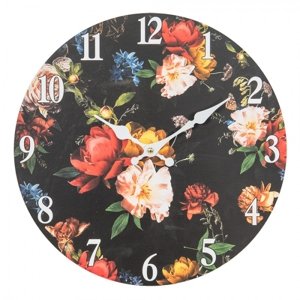 Černé nástěnné vintage hodiny s květy – 34x4 cm