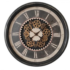 Černé antik nástěnné hodiny s ozubenými kolečky Sivon – 58x8 cm