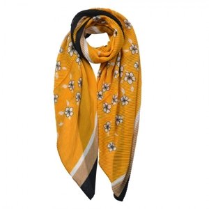 Žlutý šátek s bílými květy a černým lemováním – 85x180 cm