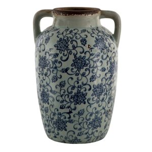 Dekorativní váza s modrými květy a uchy Josette – 19x18x29 cm