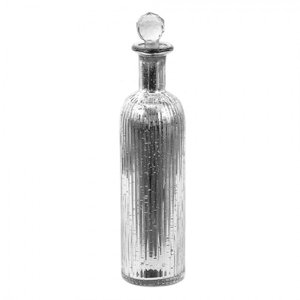 Stříbrná skleněná dekorační láhev se zátkou – 7x31 cm