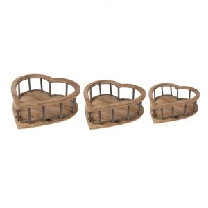 3ks hnědý dřevěný úložný košík ve tvaru srdce – 33x33x10 / 26x26x9 / 20x20x8 cm