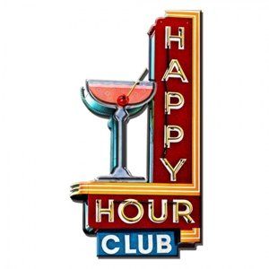 Červená kovová nástěnná cedule Happy Hour Club – 32x1x60 cm