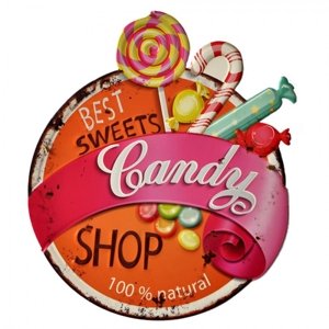 Růžová kovová nástěnná cedule Candy Shop – 43x1x50 cm